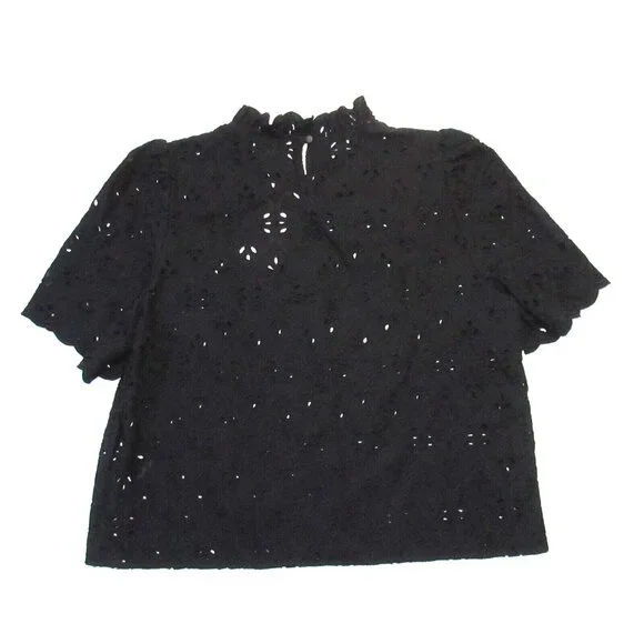 NWT Sezane Louisah Blouse in Noir Black Sheer Eyelet Ruffle Neck Top 46 US 14 - Picture 8 of 10